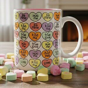 Vintage Valentine Conversation Candy Hearts Mug Enesco | see FLAW photo